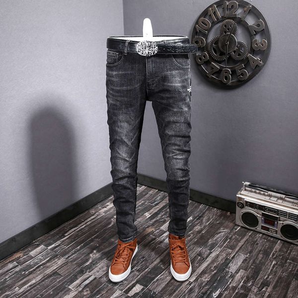 

spring and autumn black grey jeans men's elastic slim straight tube fashion casual youth versatile long pants guy, Blue