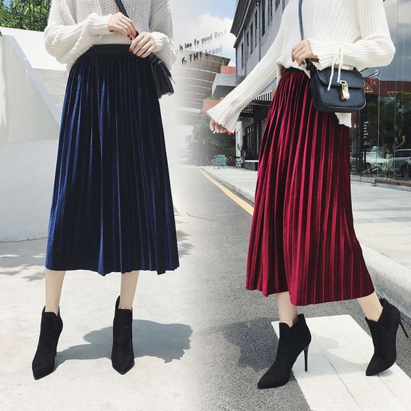 

korean women's high waisted gold velvet skirt, Black;gray