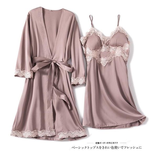

women's sleepwear pink silky nighty&robe for women backless 2pcs robe set satin lace patchwork kimono bathrobe gown soft intimate linge, Black;red