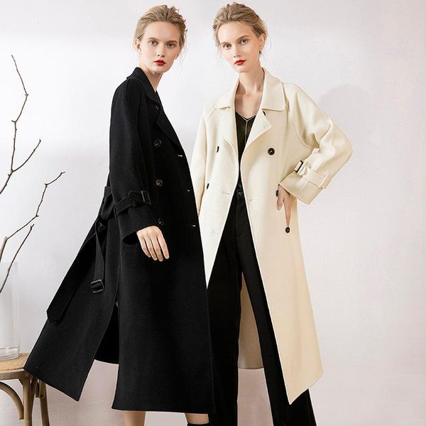 

women's wool & blends winter 2021 high end fashion x-long double-sided cashmere coat european plus size belt warm woolen overcoat, Black
