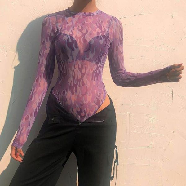 

women's jumpsuits & rompers flame print mesh bodysuit long sleeve transparent body bodysuits women bodycon bodies ropa mujer streetwear, Black;white