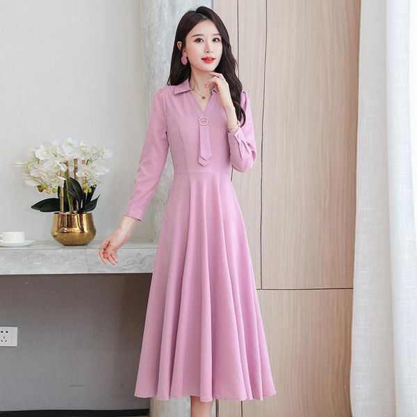 

casual dresses women korea style goddess temperament solid color maxi dress 2021 autumn cotton linen long sleeve v neck tie clothes, Black;gray