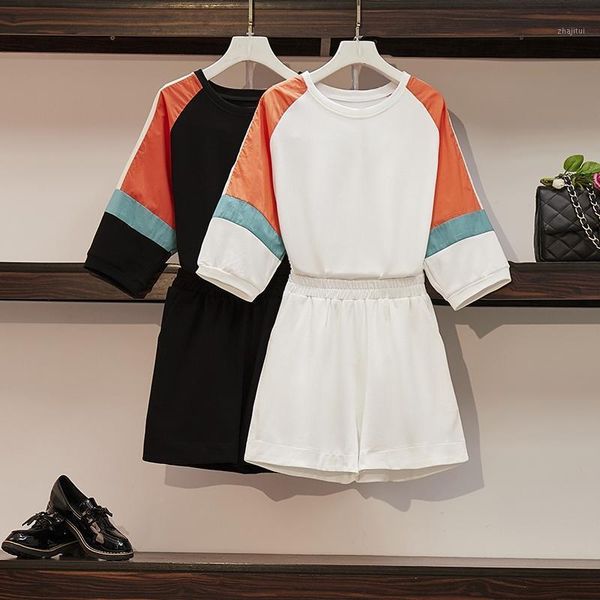 

plus size tracksuits solid summer women's suit two pieces tracksuit short sleeve sports suits women 2021 casual elastic waist lady set, Black