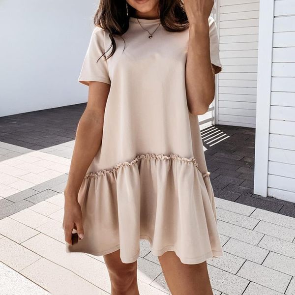 

women solid color dress 2021 summer new short sleeve o-neck ruffles dress female casual loose sweet mini dresses plus size, Black;gray