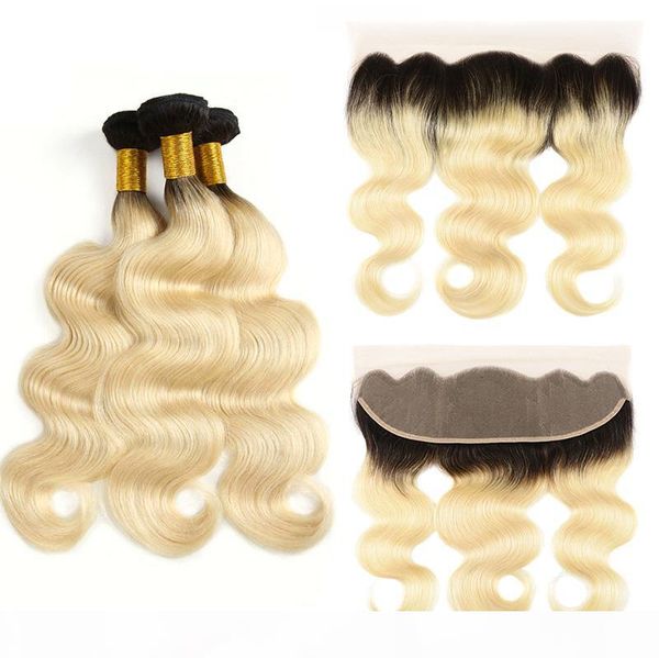 

ombre 1b 613 dark roots blonde hair 13*4 full lace frontal closure with 3 bundles body wave brazilian virgin human hair weaves extension, Black;brown