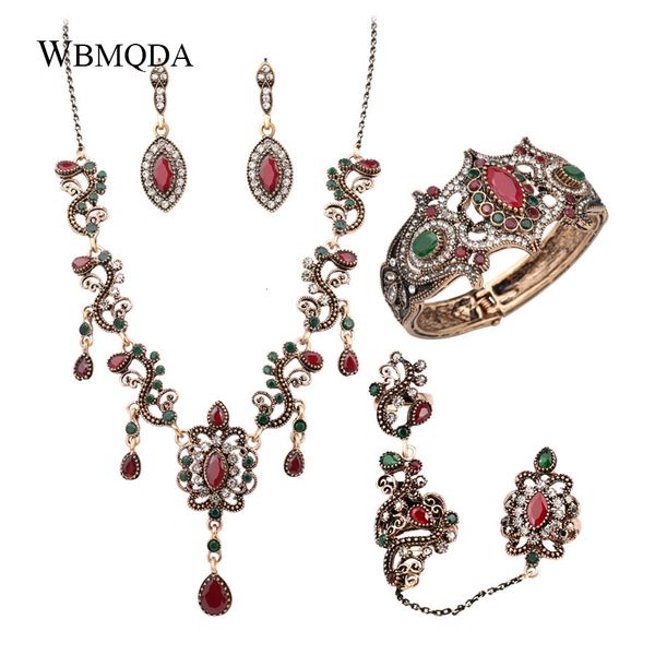 

jewelry sets 4pcs/lot boho turkish vintage red necklace bracelet earrings ring set indian crystal antique gold wedding jewellery, Black