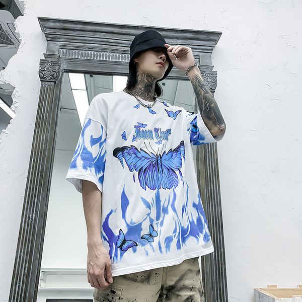 

t shirt oversize loose short sleeve men and women bf fashion brand flame half 2021, White;black