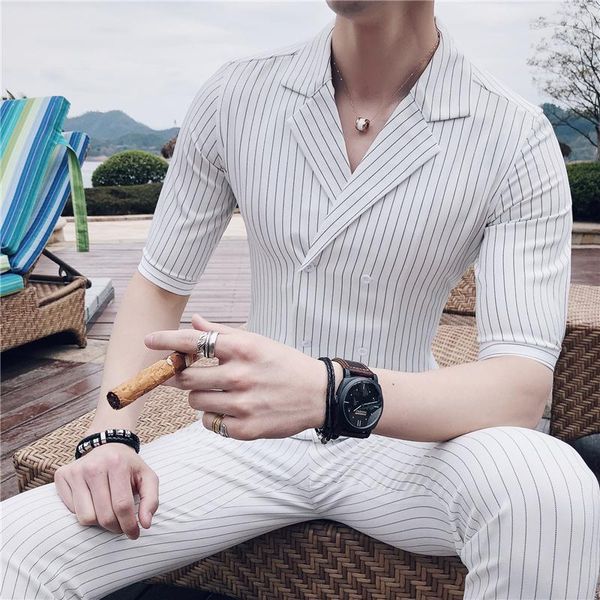 

men's tracksuits black white british stripe double breasted shirt + pant suit summer grey blue set smoking uomo trajes de hombre, Gray