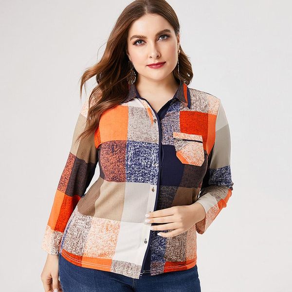 

2021 fall women long sleeve plaid blouse fashion ladies retro elegant mom clothes plus size womens, White