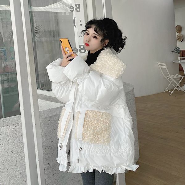 

2021 new winter warm faux fur wool patchwork parkas mid-length women er jacket thick down female turn-down collar coat overcoat fvop, Black