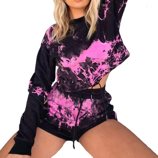 

women's tracksuits kf-2pcs set women spring summer sweatshirt tie dye outfit shorts festival clothes, Gray