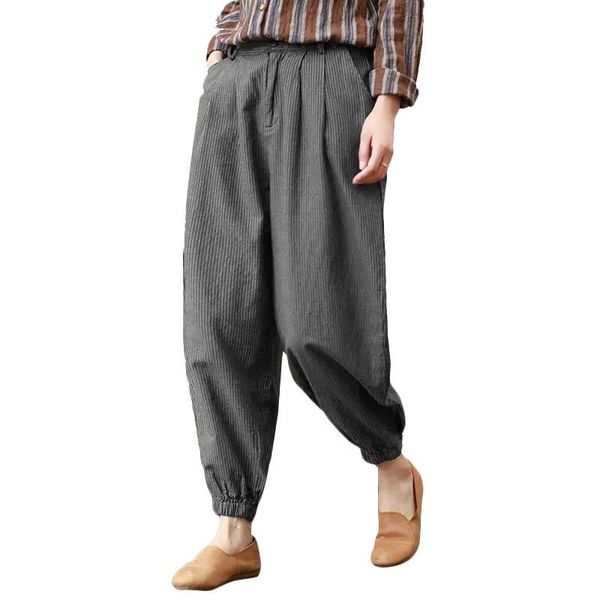 

women's pants & capris women vintage cotton linen elastic waist pleated striped harem wide leg ladies casual loose pockets trousers plu, Black;white