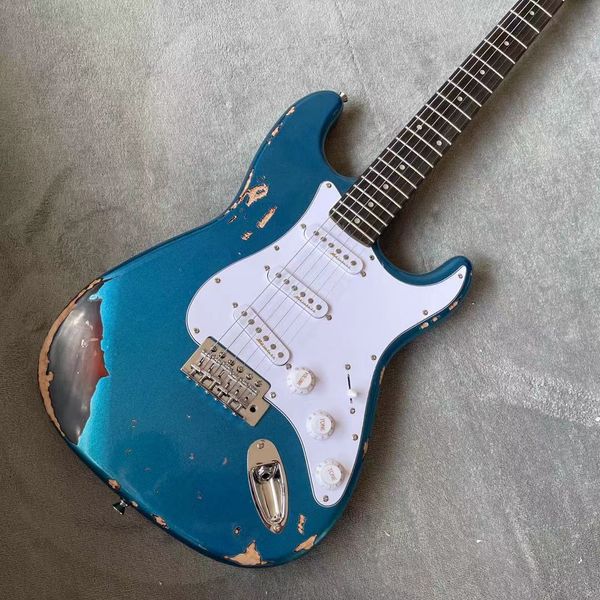 

custom shop st electric guitar in blue color handmade 6 stings relics gitaar rosewood fingerboard