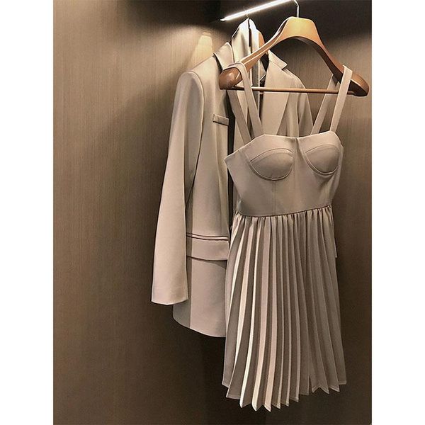 

high-quality autumn new plus size women's suits korean suit pleated skirt 2-piece elegant double-breasted jacket, White