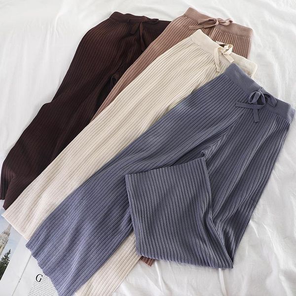

women's pants & capris 2021 knitted women korean solid lace up stretch waist trousers casual loose wide leg sweatpants, Black;white