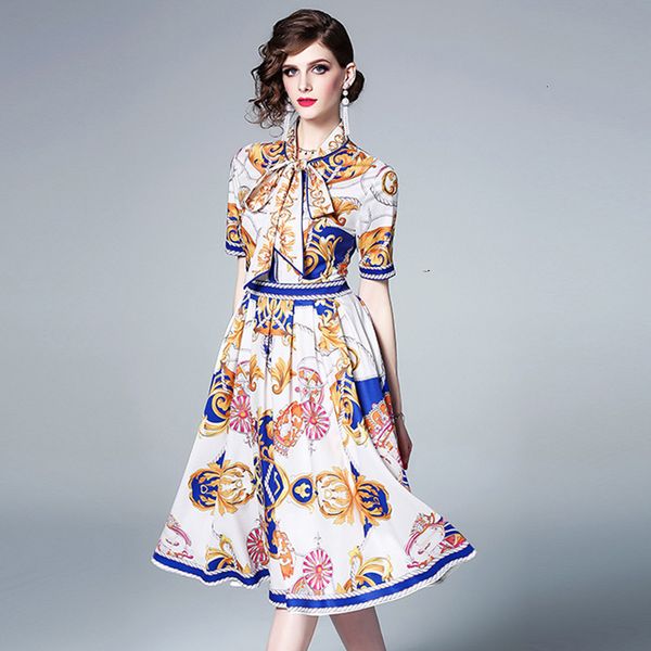 

new runway 2021 summer shirt women lace up bow collar luxury floral print vintage elegant short sleeve long baroque dress 5r22, Black;gray