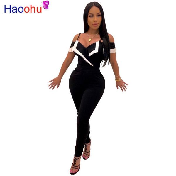 

women's jumpsuits & rompers women comfortable elegant deep v cross ruffle shoulder club patchwork jumpsuit arrival party temperamental, Black;white