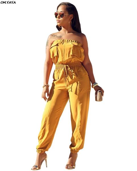 

women's jumpsuits & rompers 2021 women summer beach strapless pocket jumpsuit high waist elastic lantern long playsuit safari rompe out, Black;white
