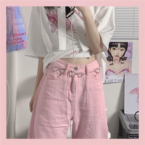 

all-match fashion kawaii denim pink loose wide-leg women's jeans high waist heart chain summer thin casual cute 220315, Blue