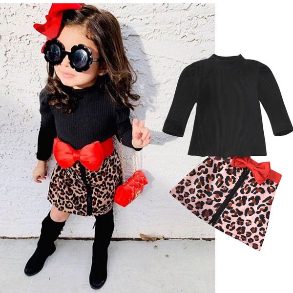 

autumn fashion kids girls clothes turtleneck long sleeve black knitted leopard print bow zipper skirt sets 0-5 years, White
