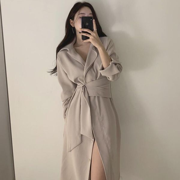 

casual dresses women elegant shirt dress spring autumn turn-down collar tie waist high fork slim button solid ladies clothes, Black;gray