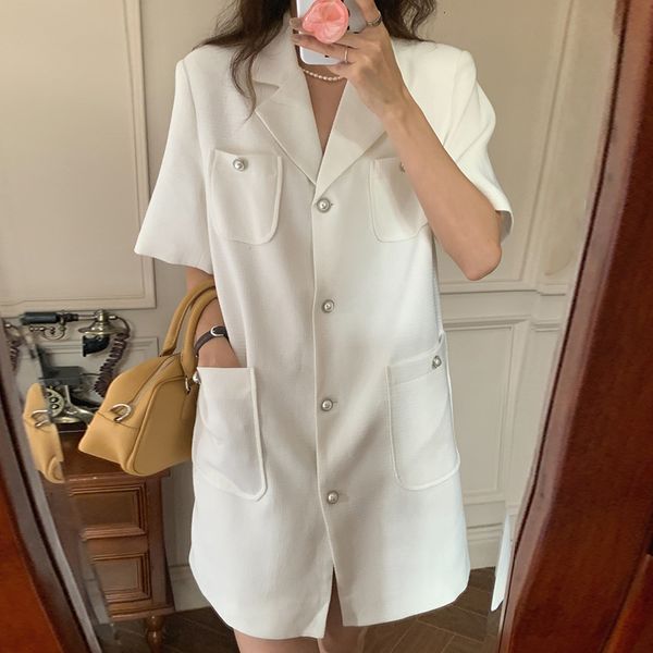 

casual dresses korean chic summer french style suit collar multi pocket design single row pearl button loose short sleeve 1l3s, Black;gray