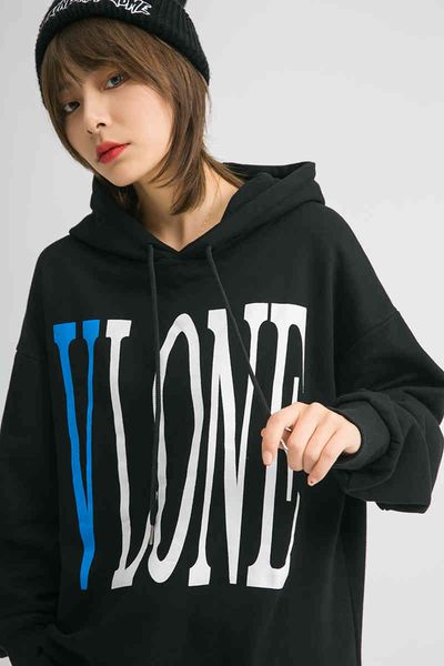 

factory long 2021 brand v hoodie trendy edison chen high street couple wang yibo loose casual hooded pure cotton sweater blue large letter, Black