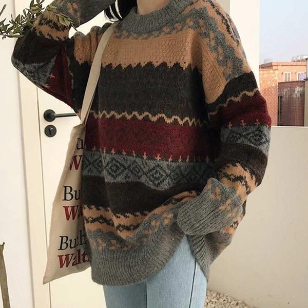 

women's sweaters vintage women pullover winter striped jumpers korean style oversized sweater knitwear casual loose pull femme, White;black