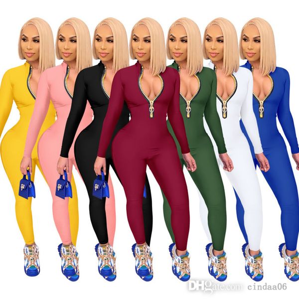 

women jumpsuits new fashion rompers solid color leggings zipper bodysuit long-sleeved trousers one-piece onesies, Black;white