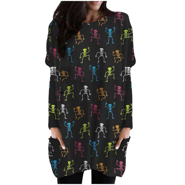 

casual dresses women's halloween skeleton printed round neck middle loose dress, Black;gray