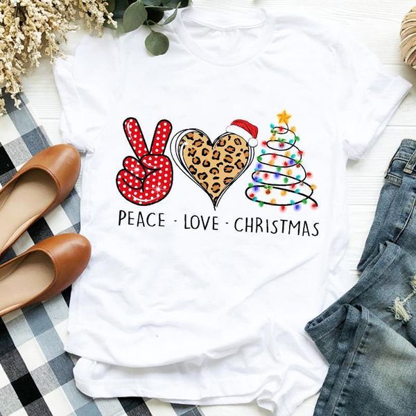 

women merry christmas leopard love 90s tree printing cute holiday clothes ladies graphic print tee tshirt female t-shirt, White