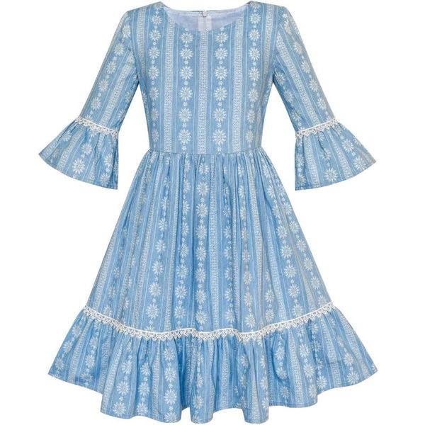 

girl's dresses flower girl dress denim blue bell sleeve ruffled easter cotton 2021 summer princess wedding party size 5-12, Red;yellow
