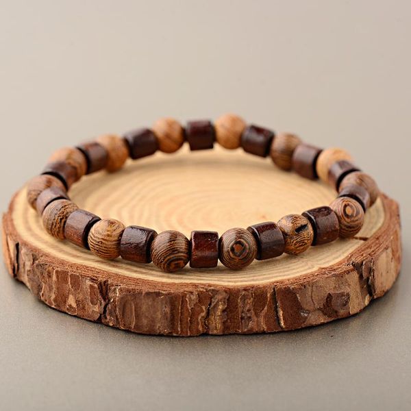 

beaded, strands oiquei 8mm natural round cylinder wood bracelet men classic elastic buddhist prayer buddha hommes bileklik bijoux, Black