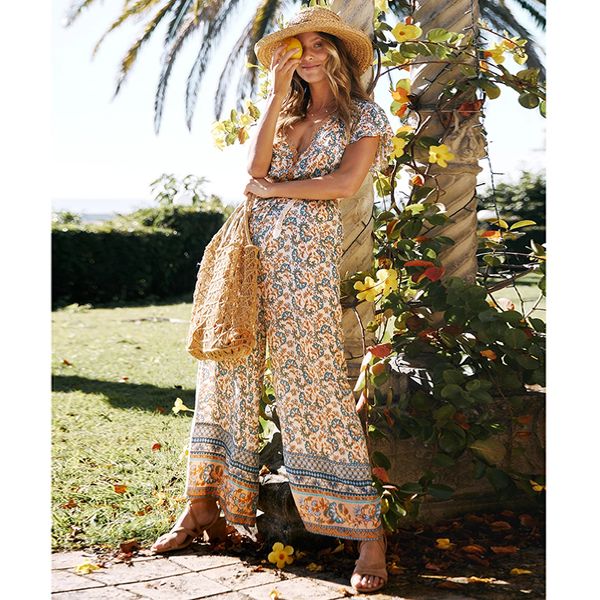

2021 new loose wide leg pants womens jumpsuit summer boho beach playsuit vintage floral print rompers female overalls b5qi, Black;gray