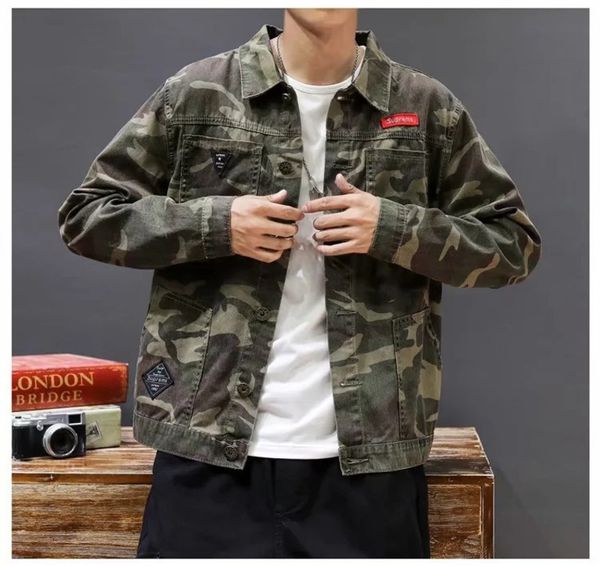 

men's brand denim spring and autumn ins korean fashion casual camouflage tooling lapel thin jacket versatile, Black;brown