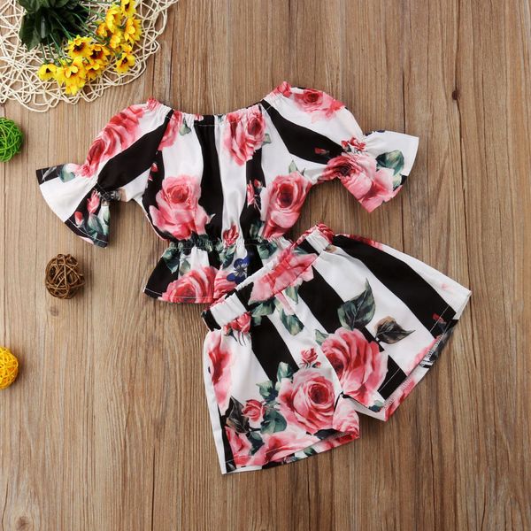 

fashion girls stripe floral tunic +shorts kids 2pcs sets children casual outfits toddler clothes set cute, White