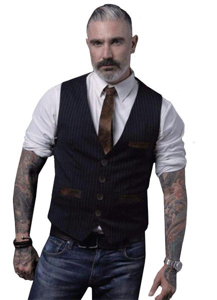 

men's vests men's black striped suit v-neck casual slim vest business and wedding, Black;white