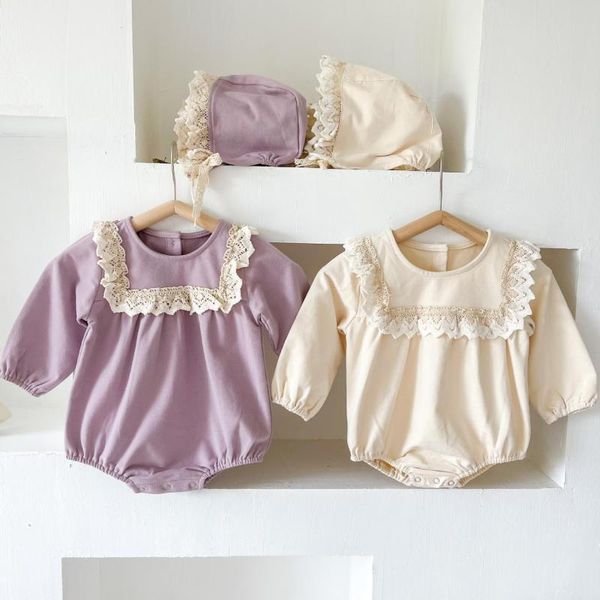 

rompers 2021 baby girl bodysuit + lace hat 2pcs toddler infant outfits autumn long sleeve jumpsuit for clothes 6m-3t, Blue