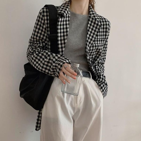 

new suits female vintage autumn notched collar plaid women blazer breasted jacket casual pockets womens suits coat blazers, White;black