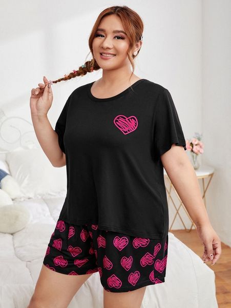 

plus heart print pj set x13x#, Black;white