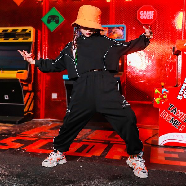 

hip-hop dance suit boys cool black hoodies trousers night light street dance outfit girls jazz performance costume vdb2372, Black;red
