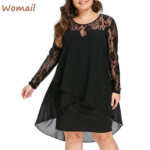 

casual dresses women's dress plus size vadim solid sheer lace long sleeve o-neck swing vestidos de fiesta noche j27, Black;gray