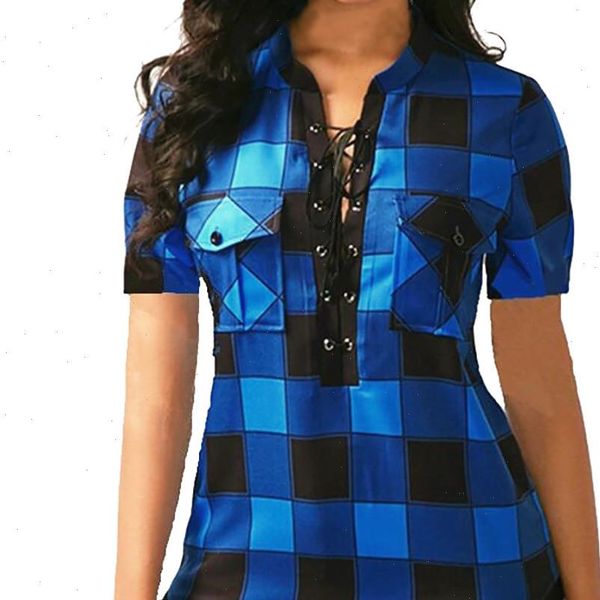 

women plaid blouse shirts causal short sleeve v neck shirt bandage pockets plus size 5xl 2021 mujer blusas office lady, White