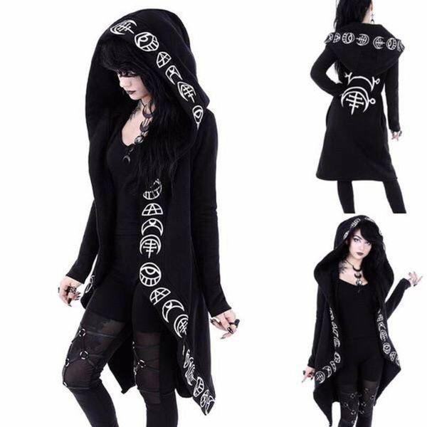 

women's trench coats 4# women long sleeve punk jackets moon print hooded black cardigan jacket coat plus size casual woman vest manteau, Tan;black