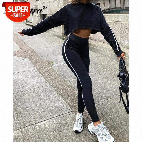 

dulzura women two piece set long sleeve crop sweatshirt side stripe high waist pants streetwear casual sporty tracksuit fall #6a1n, White