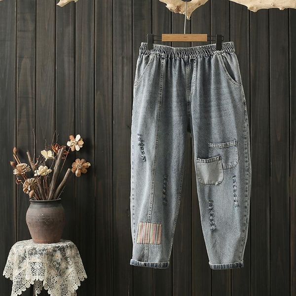 

women's jeans india folk women summer vintage pocket patchwork harem slim loose ankle length female pants quality, Blue