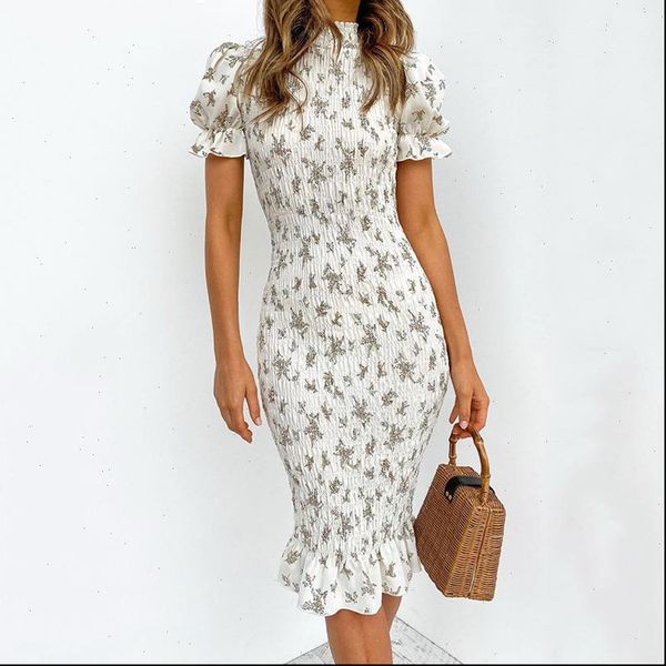 

women boho floral print folds dress bodycon pleated puff sleeve slim female midi dresses summer lady beach dress vestidos, Black;gray