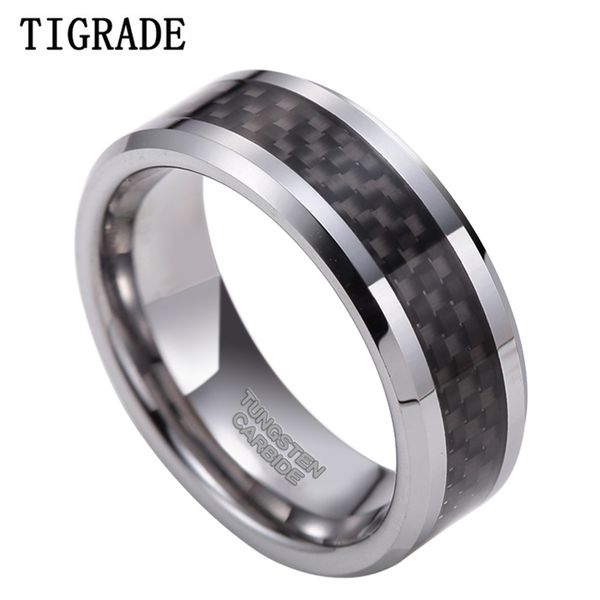 6 / 8mm preto fibra de carbono anel de carbono tungstênio carboneto de noivado casamento banda de casamento homens mulheres jóias design design anel mascol 211217