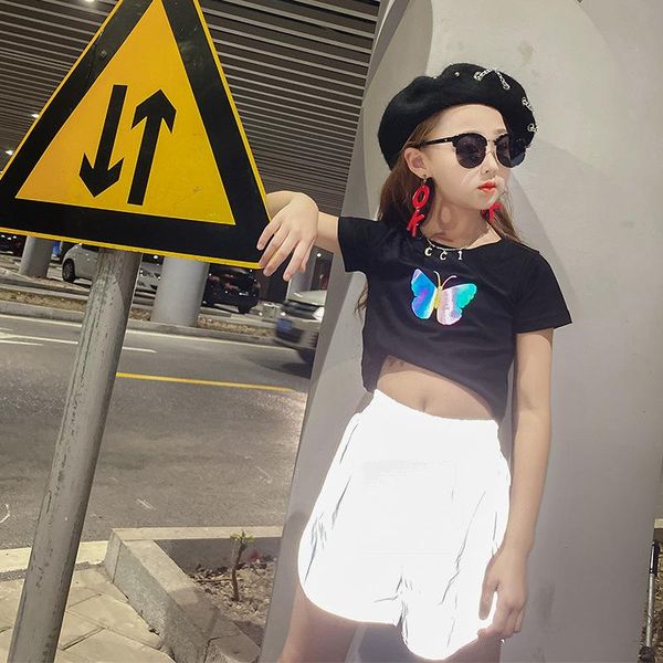 

clothing sets 2 piece set t-shirt shorts toddler girl reflective fashion outfit kid children butterfly print glow in the dark clothes, White