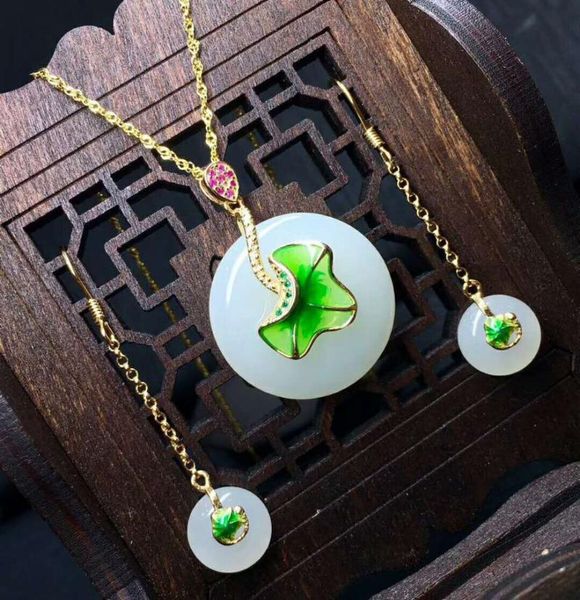 

bracelet, earrings & necklace hetian baiyu silver inlay set sanitary buckle three-piece h21#, Black